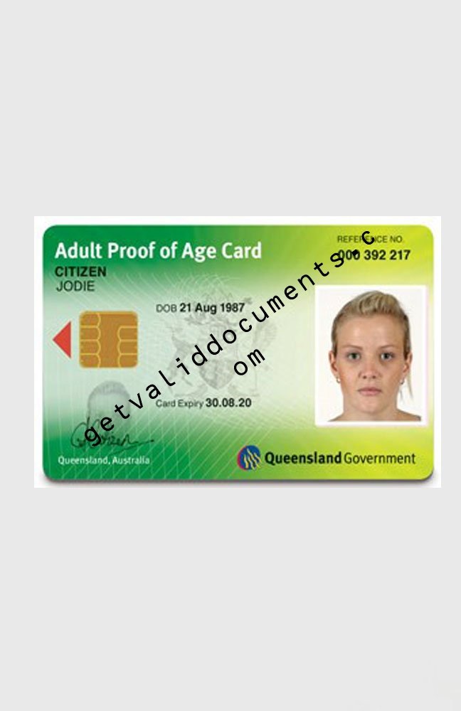 "Front and back of a sample Australian ID card showing a photo, name, date of birth, card number, and government-issued holographic security features.