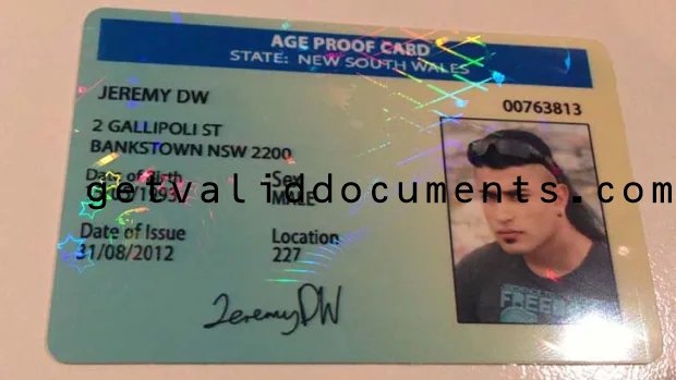 Front and back of a sample Australian ID card showing a photo, name, date of birth, card number, and government-issued holographic security features