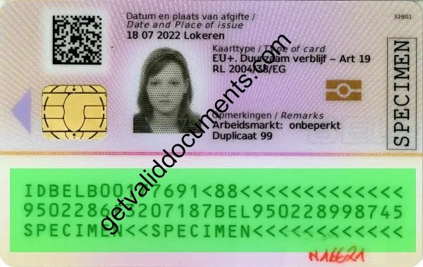 Back of Belgian residence permit card showing chip and security codes