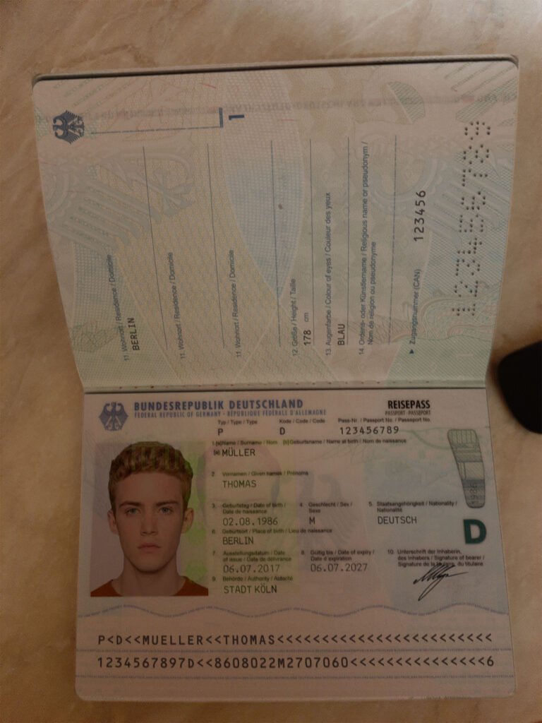 Authentic German Passport with biometric chip and official seal